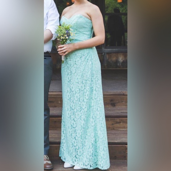 David’s Bridal Long Strapless Lace Dress with Sweetheart Neckline in Mint - Picture 8 of 8
